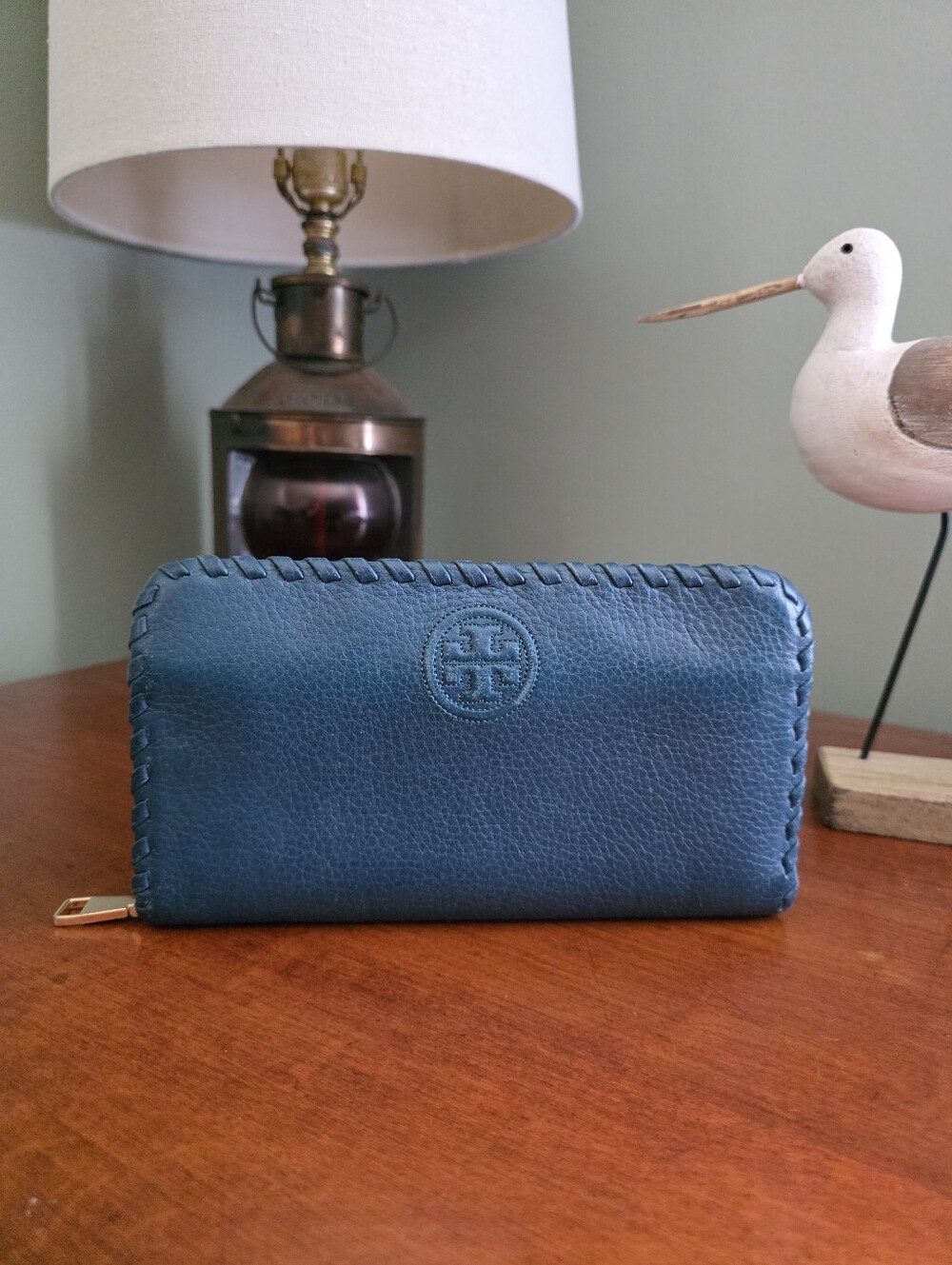 Tory Burch Marion Whipstitched Teal Pebbled Leather Zip Around Wallet